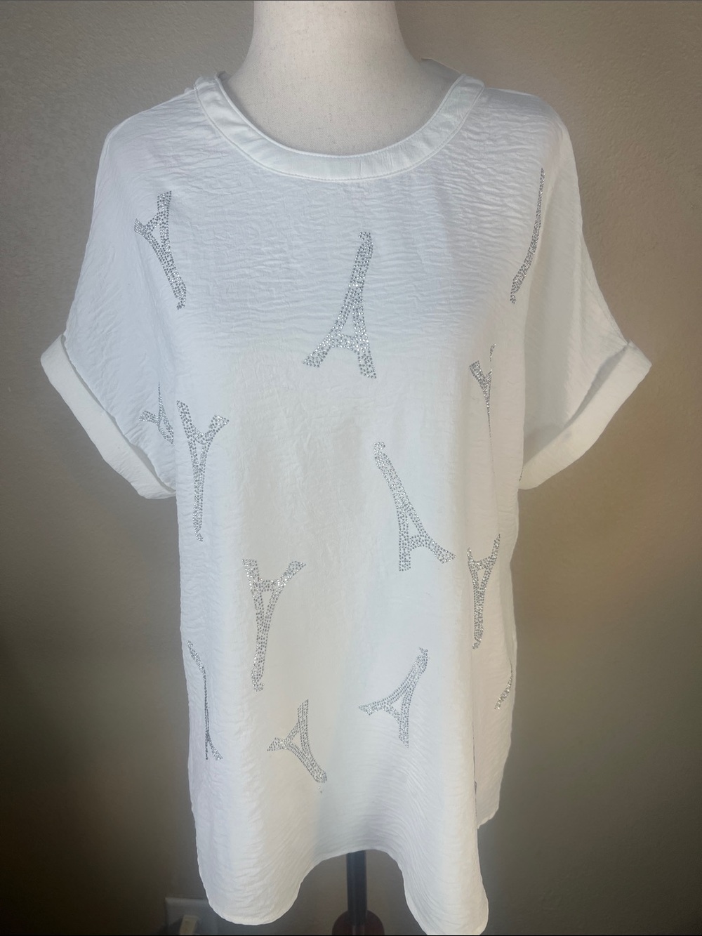 Volume One White Eiffel Tower Glitter Print Blouse Cuffed Short Sleeve Top M